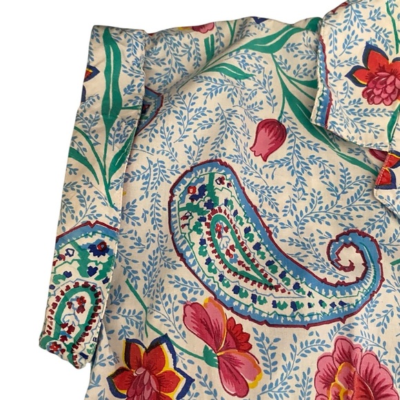 Vintage 100 % Cotton Paisley Floral white blue pink button up shirt top classic - Picture 2 of 8